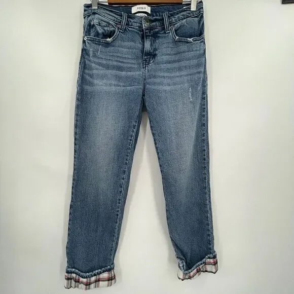 Pistola Blue Flannel Plaid Cuff Cropped Mid Rise Wash Jeans Size 27 - Picture 1 of 11